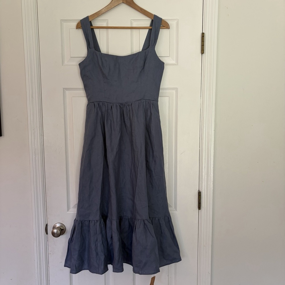 Reformation Linen Midi Dress Tiered Size 4 Strapless Blue Wedding Boho Fall NEW